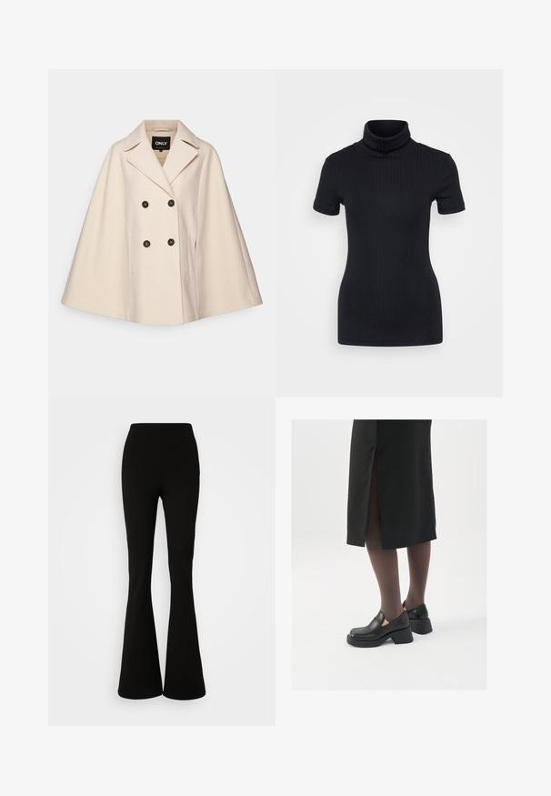 Beige wollen blendcape met een dubbelzijdig ontwerp, grote kleppen en twee zijzakken; heeft donkere knopen en een zachte textuur.; Zwart geribbelde coltrui, korte mouwen, slank ontwerp, zachte textuur, minimale naden en een hoge kraag.; Vero Moda Tall VMAUGUSTA SLIM FLARED - Broek - black; Zwarte leren schoenen met een ronde neus, dikke blokhak en elastische zijkanten, gecombineerd met donkere panty's en een zwarte rok met een split.
