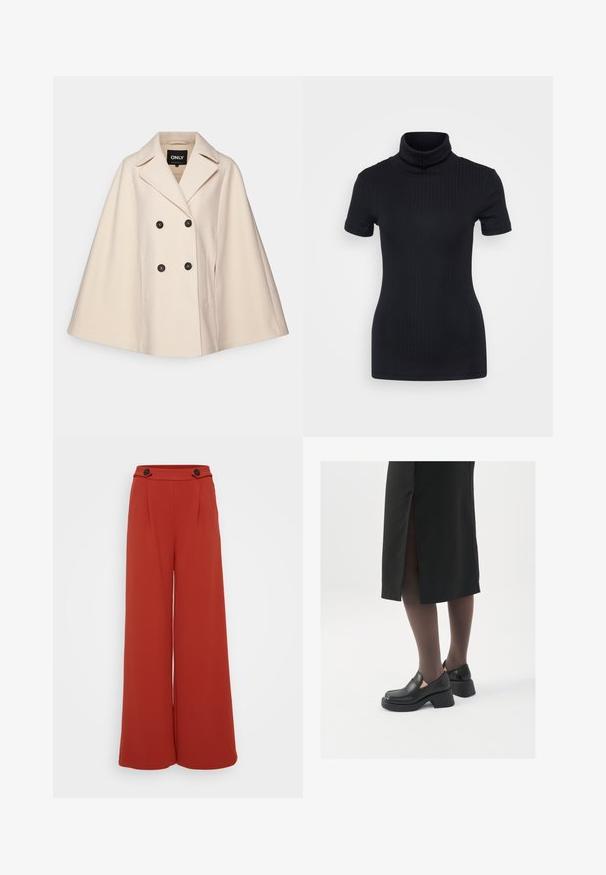 Beige uldblanding kappefrakke med dobbeltstående design, store klapper og to sidelommer; har mørke knapper og en blød tekstur.; Sorte ribbede turtleneck top, korte ærmer, tætsiddende design, blød tekstur, minimale sømme og en høj krave.; Vide bukser i en dyb rødlig-orange stof. Har to forende folder og to knapper i taljen. Glat tekstur, afslappet design.; Sorte lædersko med rund tå, kraftig blokhæl og elastiske sideaccentuer, parret med mørke strømpebukser og en sort nederdel med slids.