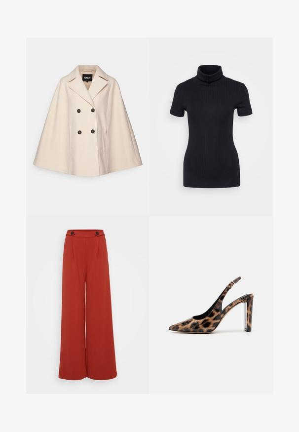 Beige wollen blendcape met een dubbelzijdig ontwerp, grote kleppen en twee zijzakken; heeft donkere knopen en een zachte textuur.; Zwart geribbelde coltrui, korte mouwen, slank ontwerp, zachte textuur, minimale naden en een hoge kraag.; Brede beenbroek in een diep roestrode stof. Kenmerken zijn twee voorplooien en twee knopen op de tailleband. Gladde textuur, casual ontwerp.; Leopardprint slingback pump met een spitse neus en een transparante blokhak. Gemaakt van glanzend materiaal met een gladde textuur.