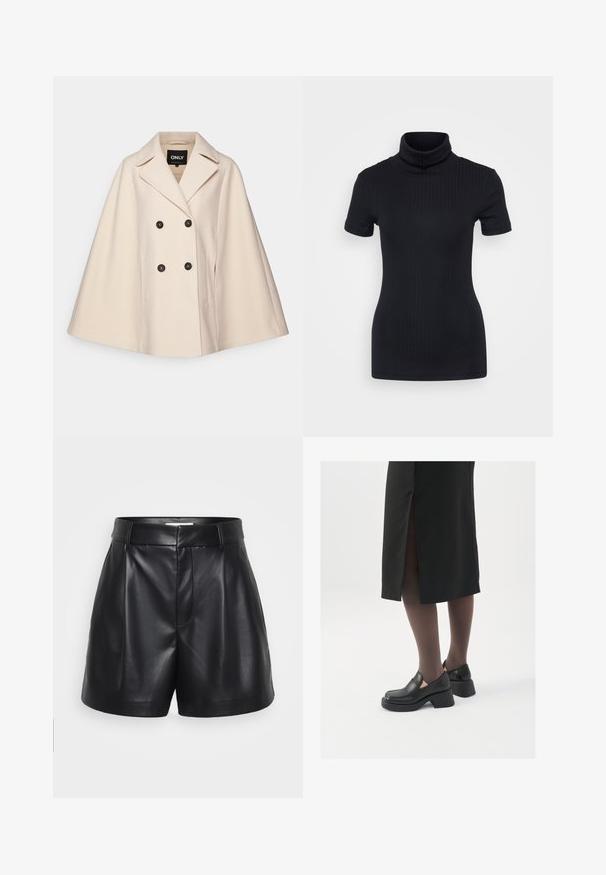 Beige ullblandning cape-kappa med dubbelknäppt design, stora slag och två sidofickor; har mörka knappar och en mjuk textur.; Svart ribbad polotröja, korta ärmar, figurnära design, mjuk textur, minimalt med sömmar och hög krage.; Svarta lädershorts med hög midja, plisserad front och sidfickor. Slät textur med en skinande finish.; Svarta läderskor med rund tå, tjock klack utan häl och elastiska sidodetaljer, kombinerat med mörka strumpbyxor och en svart kjol med slits.
