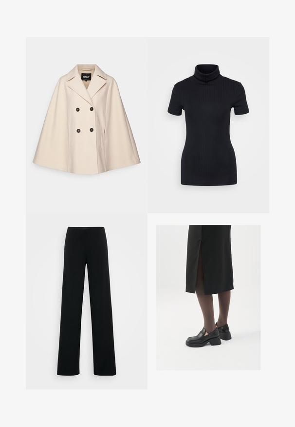 Beige gyapjú keverék köpeny, dupla gombos kialakítással, nagy hajtogatókkal és két oldalsó zsebbel; sötét gombokkal és puha textúrával rendelkezik.; Fekete bordás garbó, rövid ujjú, testhez simuló dizájn, puha tapintás, minimális varrásokkal és magas gallérral.; Vero Moda Tall VMBERLIN ZAMIRA WIDE - Nadrágok - black; Fekete bőr cipők lekerekített orral, vastag blokk sarkakkal és elasztikus oldalsó díszítésekkel, sötét harisnyával és hasítékkal ellátott fekete szoknyával párosítva.
