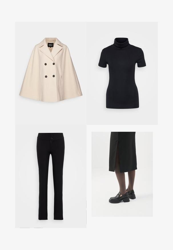 Beige villasegu lõngast kappa mantel, millel on topelt nööbid, suured kraed ja kaks küljetaskut; tumedad nööbid ja pehme tekstuur.; Mustmustriibuline kõrge kaelusega t-särk, lühikesed varrukad, keha ümber vormitud disain, pehme tekstuur, vähe õmblusi.; Gina Tricot Tall LOW STRAIGHT TROUSERS - Püksid - black; Mustad mustad jalatsid ümmarguse varbaga, paksu plokkniidi ja elastsete külgdetailidega, kombineeritud tumedate sukkade ja musta lõhikuga seelikuga.