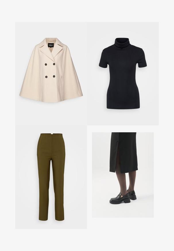Beige villasegu lõngast kappa mantel, millel on topelt nööbid, suured kraed ja kaks küljetaskut; tumedad nööbid ja pehme tekstuur.; Mustmustriibuline kõrge kaelusega t-särk, lühikesed varrukad, keha ümber vormitud disain, pehme tekstuur, vähe õmblusi.; Oliivrohelised kohandatud püksid kõrge vöökohtaga, millel on ees voldid ja sirged sääred, valmistatud siledast kangast.; Mustad mustad jalatsid ümmarguse varbaga, paksu plokkniidi ja elastsete külgdetailidega, kombineeritud tumedate sukkade ja musta lõhikuga seelikuga.