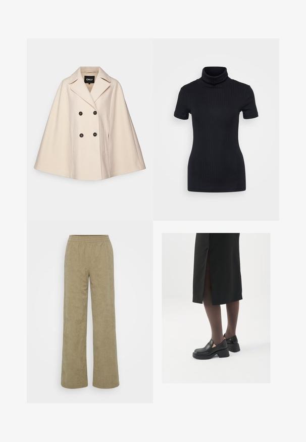 Šviesiai rudos vilnos mišinys, puspalčio paltas su dvigubu užsegimu, didelėmis apykaklėmis ir dviem šoninėmis kišenėmis; turi tamsius mygtukus ir švelnų tekstūrą.; Juodas raštuotas turtlenekas, trumpomis rankovėmis, prigludusi konstrukcija, minkšta tekstūra, minimalus siūlių skaičius ir aukšta apykaklė.; Plati kojinės iš švelnios alyvuogių žalios spalvos. Siūlomos su tekstūruotomis linijomis, elastinga juosmens juosta ir laisvu pritaikymu. Kišenių nematyti.; Juodos odinės bateliai su apvaliu nosiu, stora blokine pakulne ir elastingais šonais, derinami su tamsiomis pėdkelnėmis ir juoda sijonu su plyšiu.
