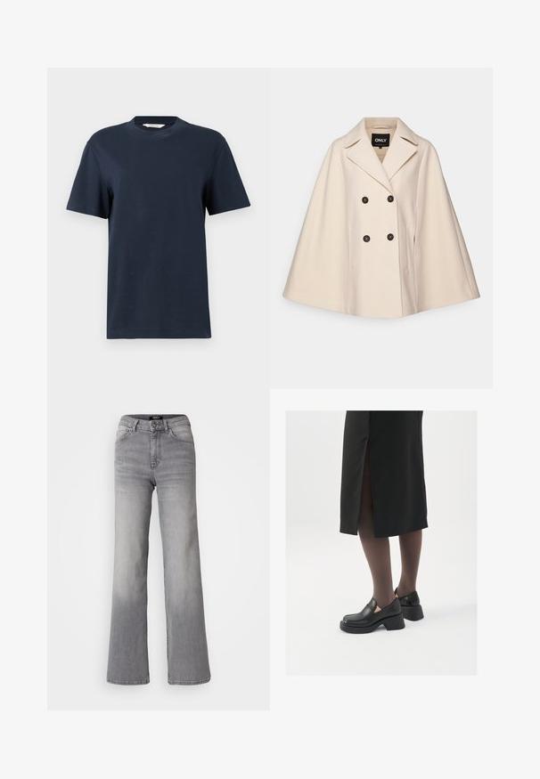 Beige villa sekoittumalla takki, jossa on kaksoisnappi, suuret kaulukset ja kaksi sivutaskua; siinä on tummat napit ja pehmeä rakenne.; T-paita, jossa on lyhyt hiha, tummansininen ja valmistettu puuvillasta, pyöreä kaula-aukko ja rento istuvuus, jossa on minimaalinen koriste.; Vaaleanharmaat korkeavyötäröiset suorat farkut etupainikkeella ja vetoketjulla, etu- ja takataskuilla, sekä haalistuneet varjostukset reisissä ja pohkeissa.; Mustat nahkakengät pyöreällä kärjellä, paksulla lohkopohjalla ja joustavilla sivuakkesseilla, yhdistettynä tummiin sukkahousuihin ja mustaan hameeseen, jossa on halkio.