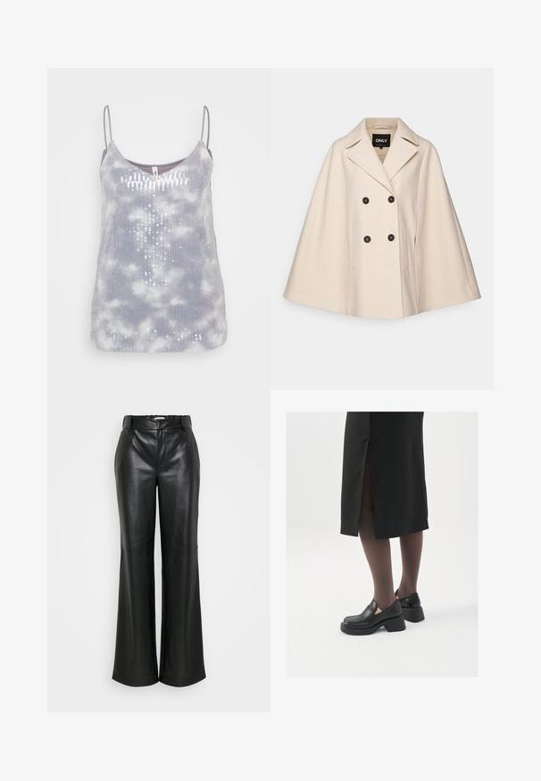 Beige Wollmischung Umhangmantel mit doppelter Knopfleiste, großen Revers und zwei seitlichen Taschen; verfügt über dunkle Knöpfe und eine weiche Textur.; Graues Tanktop mit weicher Textur, das ein Batikmuster und Paillettenakzente in vertikaler Anordnung aufweist, verstellbare dünne Träger.; ONLY Tall ONLSMOOTH WIDE - Stoffhose - black; Schwarze Lederschuhe mit abgerundetem Zeh, dicker Blockabsatz und elastischen seitlichen Akzenten, kombiniert mit dunklen Strumpfhosen und einem schwarzen Rock mit Schlitz.