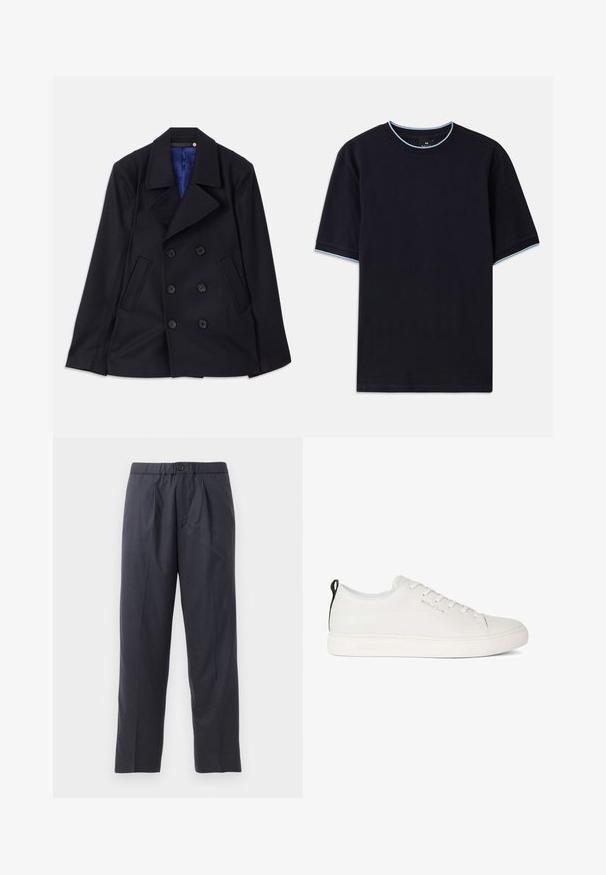 Jūras zilas divrindu mētelis, izgatavots no gludas vilnas, ar divām priekšējām kabatām un iezīmētu sānu apkakli. Iekšpuse odere ar spilgti zilu audumu.; Tumši zils īsām piedurknēm T-krekls ar apaļu kakla izgriezumu, kura apkaklēs un piedurknēs ir gaismas zilas akcenti. Izgatavots no mīksta kokvilnas auduma.; Tumši tumši zili bikses, kas izgatavotas no mīksta auduma ar krokām priekšpusē un elastīgu jostasvietu. Iespējama pogas aizdare un taisna kāju griezums.; Baltas ādas sporta apavu modelis ar noapaļotu purngalu, plakanu gumijas zoli un toņu šuvēm. Aprīkots ar auklām priekšpusē un melnu papēža cilpu.