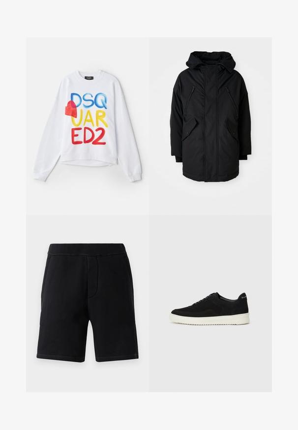 Black parka with a hood, featuring two zippered chest pockets, two flap side pockets, and a relaxed fit. Soft fabric with a smooth texture.; White sweatshirt featuring multicolored text "DSQUARED2" with a red heart accent. Soft fabric, relaxed fit, ribbed cuffs, and hem.; Black athletic shorts made of soft material; features an elastic waistband, two side pockets, and contrasting stitching.; Black suede sneaker with lace-up design and contrasting white rubber sole. Features textured side panels and subtle branding on the heel.