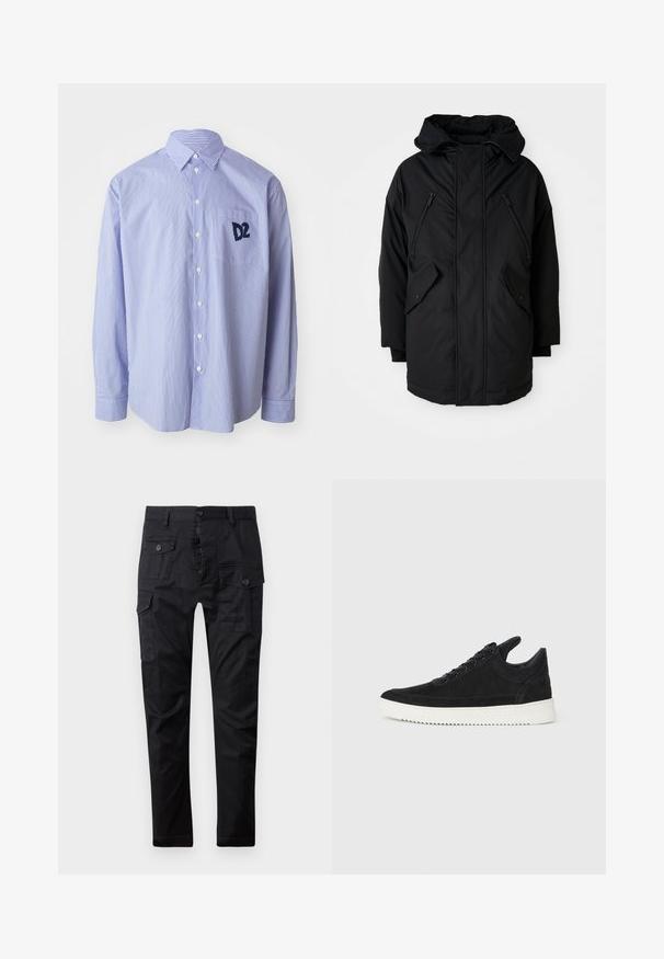 Parka nera con cappuccio, dotata di due tasche sul petto con zip, due tasche laterali con patta e una vestibilità comoda. Tessuto morbido con una superficie liscia.; Camicia a maniche lunghe a righe blu e bianche in cotone. Presenta un colletto button-down e una tasca sul petto con un logo blu navy.; Pantaloni cargo neri realizzati in tessuto resistente, dotati di multiple tasche, chiusura con bottone e design a gamba dritta. Texture liscia e finitura opaca.; Sneaker in suede nero con suola in gomma bianca, caratterizzato da cuciture tonali e design con lacci. Texture liscia con una forma moderna e aerodinamica.