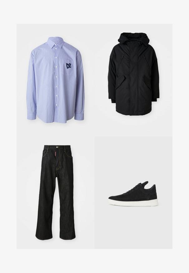 Black parka with a hood, featuring two zippered chest pockets, two flap side pockets, and a relaxed fit. Soft fabric with a smooth texture.; Blue and white striped long-sleeve shirt made from cotton. Features a button-down collar and a chest pocket with a navy logo.; Black straight-leg jeans with yellow stitching, five-pocket design, button closure, and a small red tag on the front right pocket.; Black suede sneaker with a white rubber sole, featuring tonal stitching and lace-up design. Smooth texture with a modern, streamlined shape.