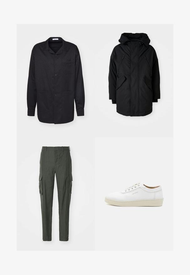 Parka nera con cappuccio, dotata di due tasche sul petto con zip, due tasche laterali con patta e una vestibilità comoda. Tessuto morbido con una superficie liscia.; Camicia nera con bottoni, caratterizzata da un sottile motivo testurizzato, maniche lunghe, colletto a punta e una tasca sul petto. Tessuto morbido e design classico.; Pantaloni cargo in tessuto verde scuro, con numerose tasche laterali, un taglio dritto e una cerniera alla caviglia per una vestibilità regolabile.; Sneaker bianca in pelle con finitura testurizzata, punta rotonda, suola in gomma beige e sei occhielli per lacci grigi, con un branding discreto sul lato.