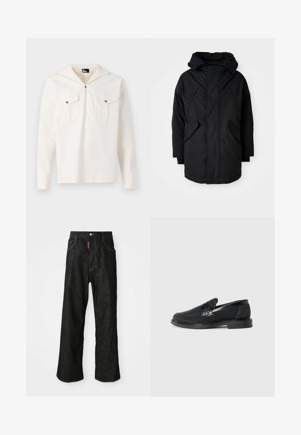 Parka neagră cu glugă, având două buzunare frontale cu fermoar, două buzunare laterale cu clapetă și o croială lejeră. Material moale cu o textură fină.; Cămașă crem cu mâneci lungi, cu glugă, închidere cu nasturi în față, două buzunare la piept cu clapete și o textură de țesătură fină.; Jeans negri cu croi drept, cusături galbene, design cu cinci buzunare, închidere cu buton și un mic etichetă roșie pe buzunarul din dreapta față.; Pantofii negri din material textil, cu accent din piele netedă pe partea superioară, design cu vârf rotund și talpă din cauciuc de profil redus.