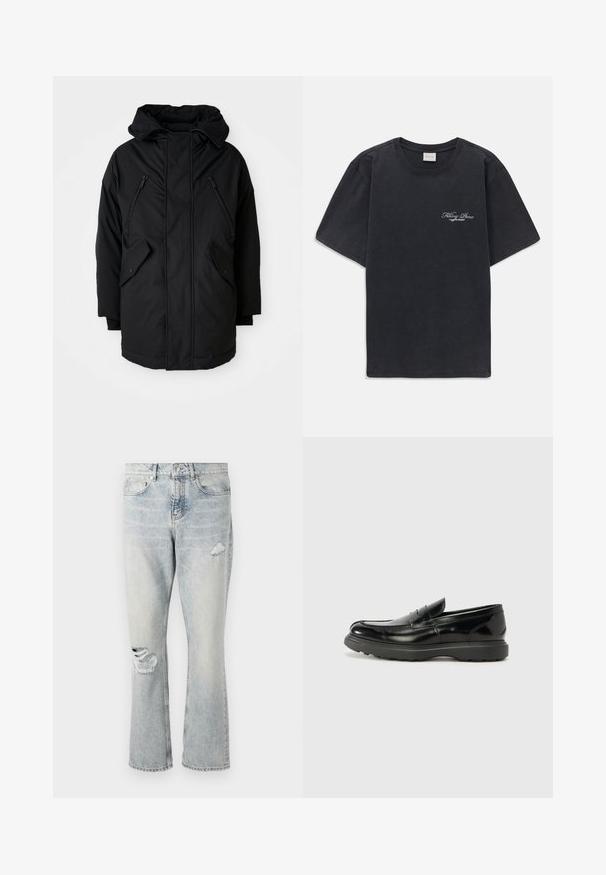 Svart parkas med huva, som har två fickor med dragkedja på bröstet, två sidofickor med lock och en avslappnad passform. Mjukt tyg med en smidig textur.; Svart kortärmad t-shirt med rund halsringning och liten vit "Filling Pieces" textlogga på vänster bröst.; Ljusblå denimjeans med hög midja, raka ben och slitna detaljer vid höger lår och vänster knä.; Svart läderloaferskor med en glänsande yta, rund tå, diskreta söm detaljer och en tjock gummisula för hållbarhet.