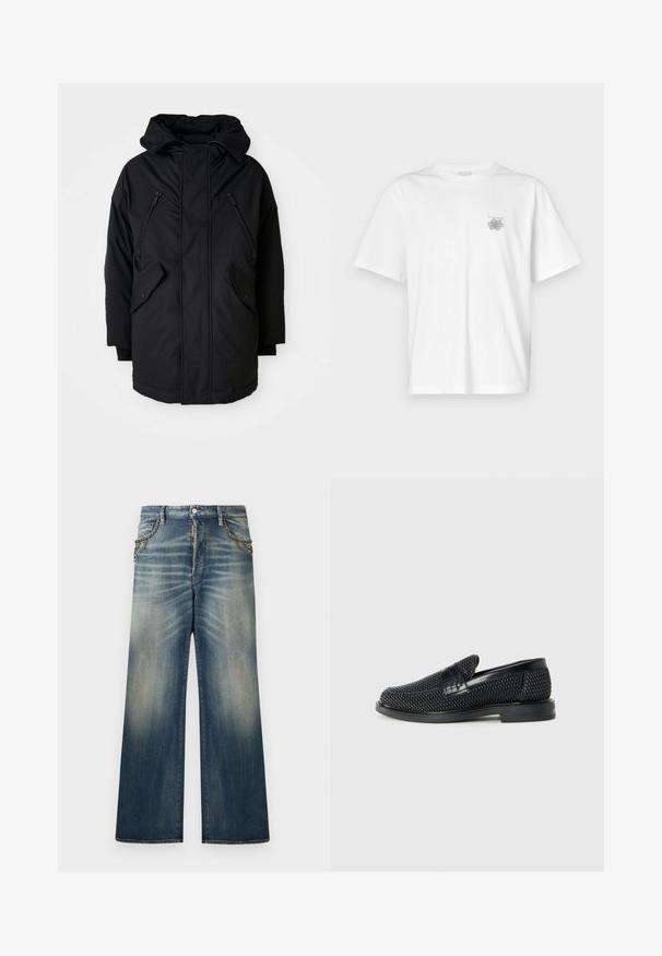 Zwarte parka met een capuchon, voorzien van twee ritsborstzakken, twee flap-zijzakken en een ontspannen pasvorm. Zacht materiaal met een gladde textuur.; Witte t-shirt van katoen met korte mouwen, een ronde hals, en een klein grijs logo op de linker borstzijde. Soepele textuur.; Wijde denim jeans in vervaagd blauw. Voorzien van metalen accenten op de voorzakken. Rafelige zoom en lichte kleurverschillen door de gehele stof.; Zwartegeweven instap schoenen met een glad leren accent aan de bovenkant, een ronde neusontwerp en een laag profiel rubberen zool.