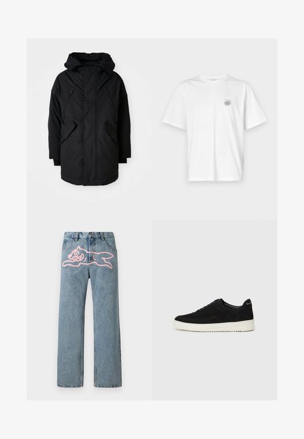 Crna parkica s kapuljačom, s dva zip zatvarača na prsima, dva bočna džepa s preklopom i opuštenim krojem. Mekana tkanina s glatkom teksturom.; Bijela majica od pamuka s kratkim rukavima, okruglim izrezom i malim sivim logotipom na lijevoj strani prsnog područja. Glatka tekstura.; Svijetloplave traperice ravnog kroja, s velikim ružičastim grafitom crtanog mačka na lijevom bedru. Klasičan dizajn s pet džepova.; Crne nubuk tenisice s vezanjem i kontrastnom bijelom gumenom potplatom. Imaju teksturirane bočne panele i suptilno brendiranje na peti.