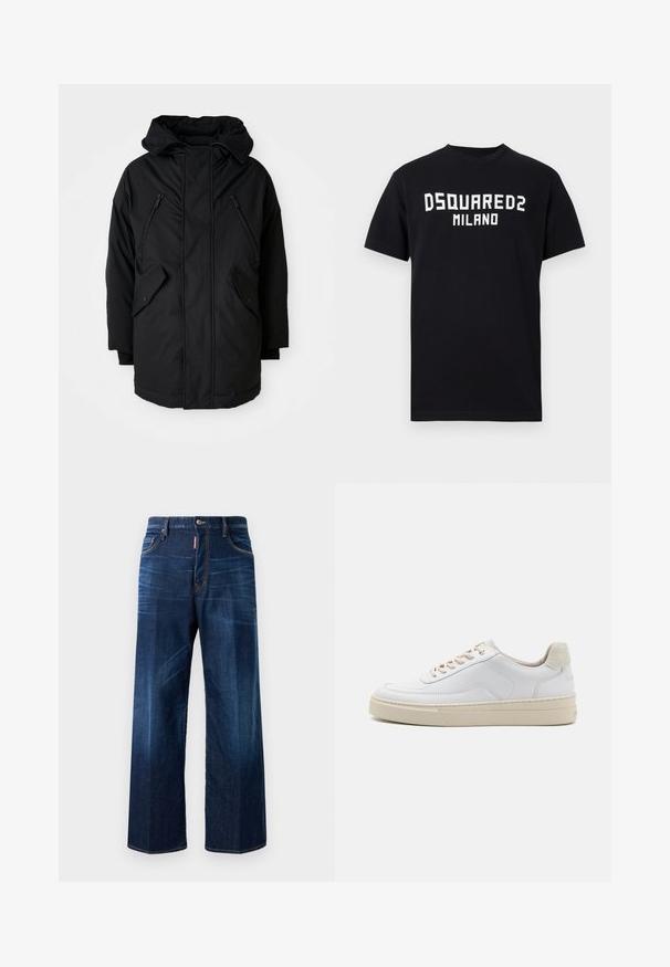 Black parka with a hood, featuring two zippered chest pockets, two flap side pockets, and a relaxed fit. Soft fabric with a smooth texture.; Black short-sleeve T-shirt with white "DSQUARED2 MILANO" text centered on the chest, crew neck, and straight hem.; Dark blue denim jeans with a relaxed fit, wide legs, and subtle fading. Features stitched detailing and a branded tag on the waistband.; White sneaker featuring a smooth leather upper, beige laces, and a textured beige suede heel tab. Elevated sole for added height.