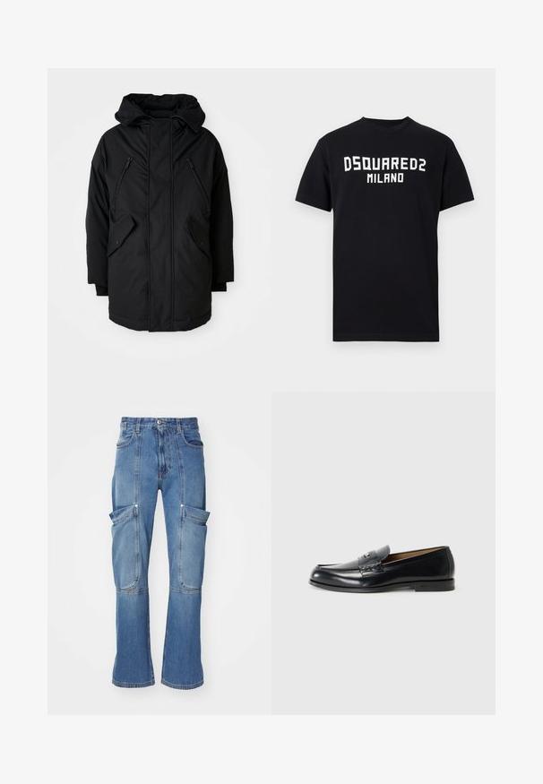 Melnā parka ar kapuci, kas aprīkota ar divām rāvējslēdzēju krūšu kabatām, divām atloka sānu kabatām un brīvu piegriezumu. Mīksts audums ar gludu tekstūru.; Melna īsroku T-krekls ar baltu "DSQUARED2 MILANO" tekstu centrā uz krūtīm, apļveida kakla izgriezumu un taisnu apakšmali.; Gaišzilā džinsu bikses ar augstu vidukli, vairākām sānu kabatām un platām kājām, ar kontrastējošu dūrienu un ar rāvējslēdzēju.; Melnas ādas loafers ar gludu apdari, noapaļotu purngalu, dekoratīvo šuvi un mazu metāla akcentu priekšā.