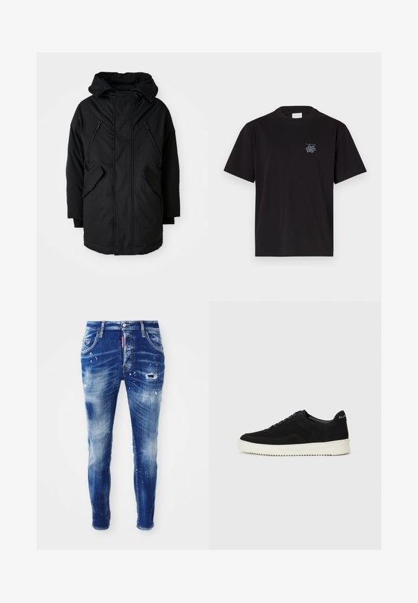 Parka preta com capuz, apresentando dois bolsos frontais com zíper, dois bolsos laterais com aba e um corte descontraído. Tecido macio com uma textura suave.; T-shirt de algodão preto com gola redonda e mangas curtas. Apresenta um pequeno logotipo azul no lado esquerdo do peito. Design simples e reto.; Jeans de ganga azul skinny fit com um efeito de desbotado, detalhes de respingos de tinta, remendos desgastados e design de cinco bolsos. Etiqueta da marca vermelha na cintura.; Sapatilhas de camurça pretas com design de atacadores e sola de borracha branca em contraste. Apresenta painéis laterais texturizados e uma marcação discreta no calcanhar.