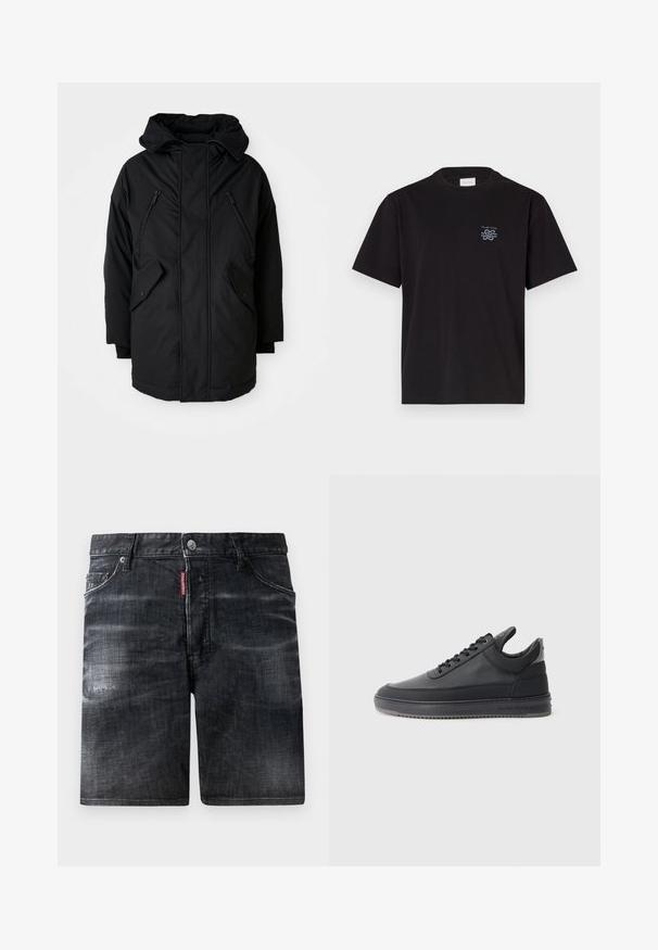 Juodas parkas su kapišonu, turintis dvi užtrauktukais uždaromas krūtines kišenes, dvi kišenes su apykakle ir laisvą siluetą. Minkšta medžiaga su glotnia tekstūra.; Juodas medvilninis marškinėliai su apvalia kaklo iškirpte ir trumpomis rankovėmis. Yra mažas mėlynas logotipas ant kairiojo krūtinės. Paprastas, tiesus kirpimas.; Juodi džinsiniai šortai su išblukusiu dizainu, penkių kišenėmis ir metaliniu kniedės užsegimu. Juosmens juostoje matomas prekės ženklo etiketė.; Juodos odinės sportbačiai su tekstūruotu paviršiumi, su raišteliais, žemu kraštu ir pilku guminio pado kraštu su grioveliais.