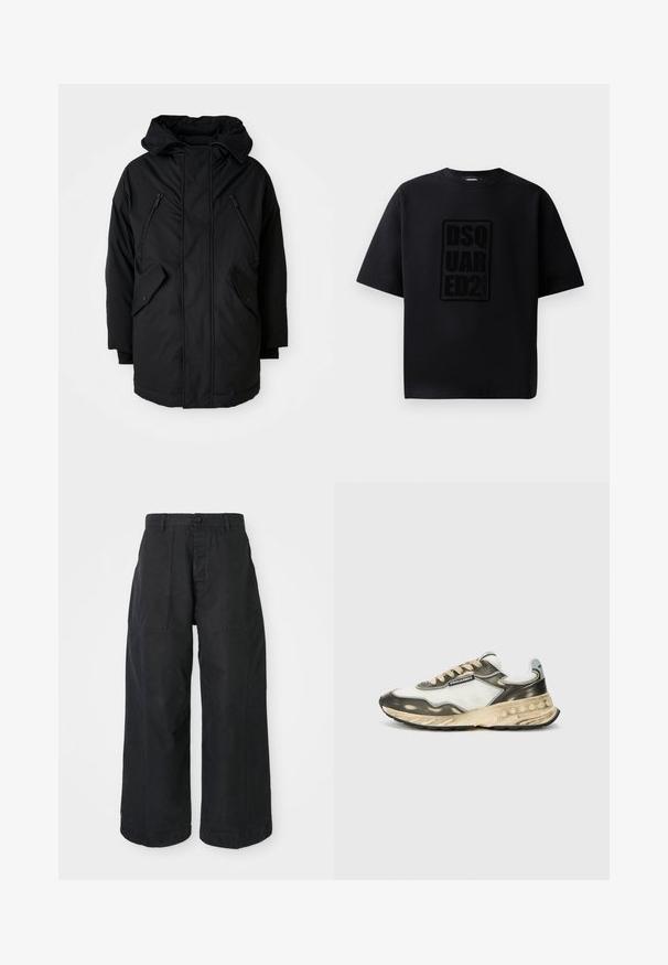 Must nagu parka kapuutsiga, millel on kaks lukuga rinna taskut, kaks klapiga küljetaskut ja lõdva lõikega. Pehme materjal, millel on sile tekstuur.; Dsquared2 LOOSE FIT CREW NECK - Trükipildiga T-särk - black; Mustad laiad mustad püksid, valmistatud kanvasest materjalist, nööbiga kinnitusega, kahe ees oleva taskuga ja lõdva lõikega.; Jalgrattasportlane, millel on valgest riidest ja hallist nahast pealisosa, beežid paelad, must kummist tallad ning kihiline disain koos tekstuursete aksenditega.