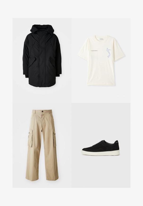 Parka negra con capucha, que cuenta con dos bolsillos en el pecho con cremalleras, dos bolsillos laterales con solapa y un corte relajado. Tejido suave con una textura lisa.; Camiseta de algodón blanca con mangas cortas, que presenta el texto "United By Rhythm" en un gráfico negro y azul en el pecho. Diseño de cuello redondo.; Pantalones cargo beige de algodón, con un diseño de pierna ancha, dos grandes bolsillos laterales y un cierre de botón en la cintura.; Zapatilla de ante negra con diseño de cordones y suela de goma blanca contrastante. Presenta paneles laterales texturizados y un sutil logo en el talón.