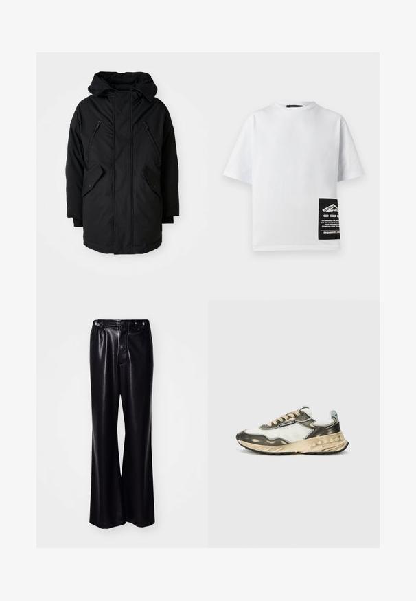 Musta takki hupulla, jossa on kaksi vetoketjullista rintataskua, kaksi läpällistä sivutaskua ja rento leikkaus. Pehmeä kangas, jossa on sileä pinta.; Valkoinen puuvillapaita pyöreällä kauluksella, lyhyillä hihoilla ja mustalla tarralla, jossa on logo ja teksti oikeassa alareunassa.; Musta tekonahkainen leveälahkeinen housut korkealla vyötäröllä, edessä napitus ja hienostunut kiiltävä pinta. Sujuva pinta, monikäyttöinen muotoilu.; Urheilukengät, joissa on valkoinen verkko- ja harmaa nahkaosa, beige nauhat, musta kumipohja sekä kerrosmuotoilu, jossa on teksturoituja yksityiskohtia.