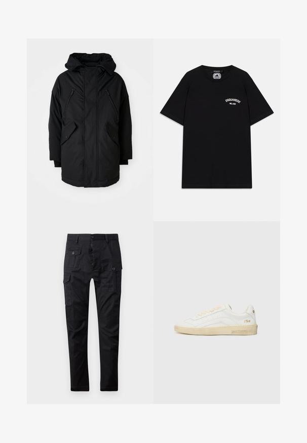 Schwarze Parka mit Kapuze, ausgestattet mit zwei Reißverschlusstaschen an der Brust, zwei Klapptaschen an den Seiten und einer lockeren Passform. Weicher Stoff mit glatter Textur.; Schwarz Baumwoll-T-Shirt mit kurzen Ärmeln, mit weißem "DSQUARED2 MILANO" Logo auf der Brust. Rundhalsausschnitt, glatte Textur.; Schwarze Cargohosen aus strapazierfähigem Stoff, ausgestattet mit mehreren Taschen, einem Knopfverschluss und einem geraden Bein-Design. Glatte Textur und matte Oberfläche.; Weiße Ledersneaker mit beigen Schnürsenkeln, off-white Gummisohle und dezenten Perforationen. Mit goldener Schrift "1964" und Branding an der Ferse.