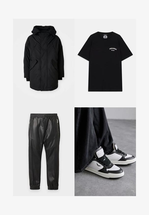 Melnā parka ar kapuci, kas aprīkota ar divām rāvējslēdzēju krūšu kabatām, divām atloka sānu kabatām un brīvu piegriezumu. Mīksts audums ar gludu tekstūru.; Melnas kokvilnas T-krekls ar īsām piedurknēm, ar baltu "DSQUARED2 MILANO" logo uz krūšu. Apaļas kakla izgriezums, gluda tekstūra.; Melnas mākslīgās ādas sporta bikses ar elastīgu vidukli, sānu kabatām ar rāvējslēdzēju un šaurām aprocēm. Raksturo šuvju detaļas, kas piešķir papildus tekstūru.; Melnas un baltas augstās kedas ar teksturētu melnu šņorēšanas detalizāciju, izgatavotas no ādas un sintētiskā materiāla, ar logo uz sāna.