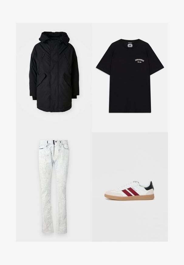 Zwarte parka met een capuchon, voorzien van twee ritsborstzakken, twee flap-zijzakken en een ontspannen pasvorm. Zacht materiaal met een gladde textuur.; Zwarte katoenen T-shirt met korte mouwen, met een wit "DSQUARED2 MILANO" logo op de borst. Crew neck ontwerp, gladde textuur.; Lichtblauwe jeans met een gebarsten textuur, vijfzakkenontwerp, knoopsluiting en een lichte flare aan de zoom. Verweerde details door het hele kledingstuk.; Witte lage sneakers met twee wijnrode strepen, een suède neuskap en een zwart accent op de hiel, met een gum outsole.