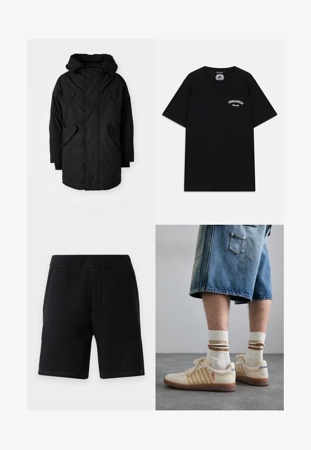 Crna parkica s kapuljačom, s dva zip zatvarača na prsima, dva bočna džepa s preklopom i opuštenim krojem. Mekana tkanina s glatkom teksturom.; Crna pamučna majica s kratkim rukavima, s bijelim logotipom "DSQUARED2 MILANO" na prsima. Okrugli izrez, glatka tekstura.; Crne sportske kratke hlače od mekog materijala; imaju elastičnu pojasnicu, dva bočna džepa i kontrastnu šav.; Bež retro tenisice sa smešnim gumiranim đonom, sa prugastim detaljima i izvezenim logotipima. Nose se sa belim čarapama i prugastim smešnim detaljem.