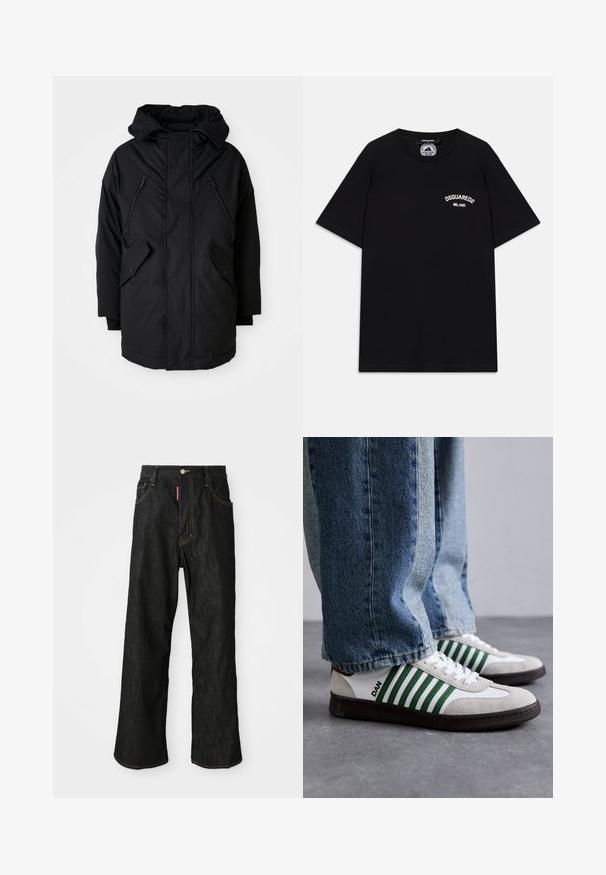 Parka nera con cappuccio, dotata di due tasche sul petto con zip, due tasche laterali con patta e una vestibilità comoda. Tessuto morbido con una superficie liscia.; T-shirt nera in cotone a maniche corte, con logo bianco "DSQUARED2 MILANO" sul petto. Design a girocollo, texture liscia.; Jeans neri a gamba dritta con cuciture gialle, design a cinque tasche, chiusura con bottone e un piccolo etichetta rossa sulla tasca anteriore destra.; Sneaker bianco e verde realizzato in suede e pelle, con strisce verdi, lacci bianchi e suola in gomma. Abbinato a jeans blu.