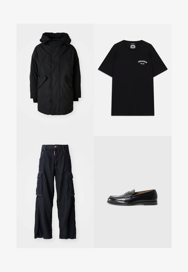 Black parka with a hood, featuring two zippered chest pockets, two flap side pockets, and a relaxed fit. Soft fabric with a smooth texture.; Black cotton T-shirt with short sleeves, featuring white "DSQUARED2 MILANO" logo on the chest. Crew neck design, smooth texture.; Dark blue denim cargo pants with wide legs, featuring large side pockets and a front button closure. Heavyweight fabric, yellow stitching accents.; Leather loafers in black with a smooth finish, rounded toe, decorative stitching, and a small metal accent on the front.
