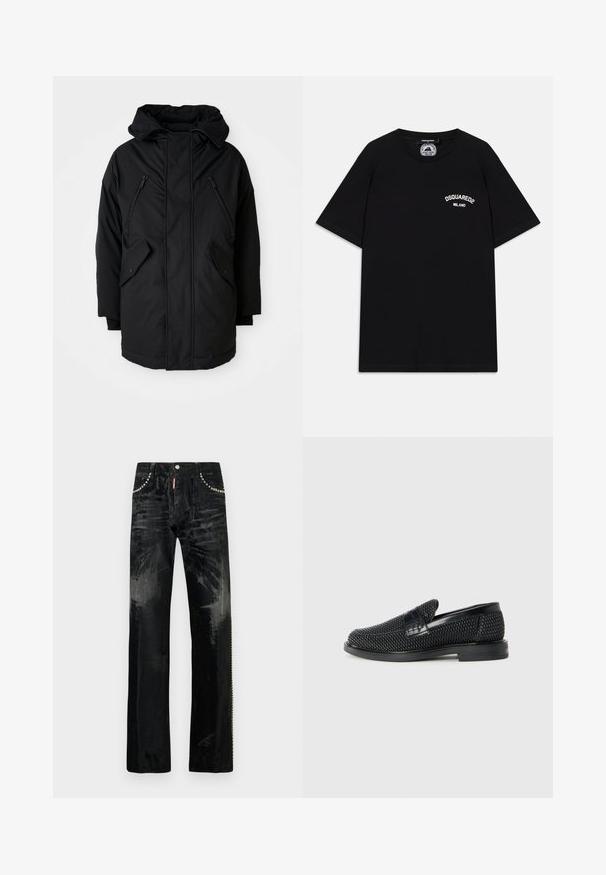 Svart parkas med huva, som har två fickor med dragkedja på bröstet, två sidofickor med lock och en avslappnad passform. Mjukt tyg med en smidig textur.; Svart bomull T-shirt med korta ärmar, med vit "DSQUARED2 MILANO" logotyp på bröstet. Crew neck design, mjuk textur.; Svarta jeans med rak ben design, med glänsande metallaccenter på fickorna och en lätt struktur. Klassisk 5-ficksstil.; Svart vävd slip-on sko med en slät läderdetalj på ovansidan, med rund tådesign och en låg gummisula.