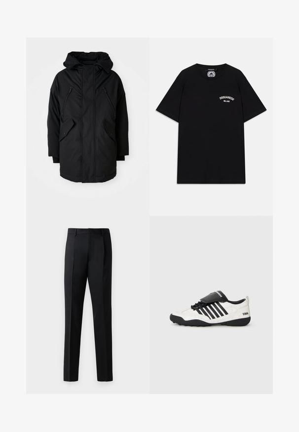 Crna parkica s kapuljačom, s dva zip zatvarača na prsima, dva bočna džepa s preklopom i opuštenim krojem. Mekana tkanina s glatkom teksturom.; Crna pamučna majica s kratkim rukavima, s bijelim logotipom "DSQUARED2 MILANO" na prsima. Okrugli izrez, glatka tekstura.; Crne formalne hlače izrađene od glatkog materijala, s ravnim krojem, prednjim nabranjima i standardnim pojasom bez ukrasa.; Tenisice s bijelom ispucanom teksturom, crnim naglascima, pet horizontalnih pruga i crnim podstavljenim jezikom označenim "1984." Crna gumena potplat.