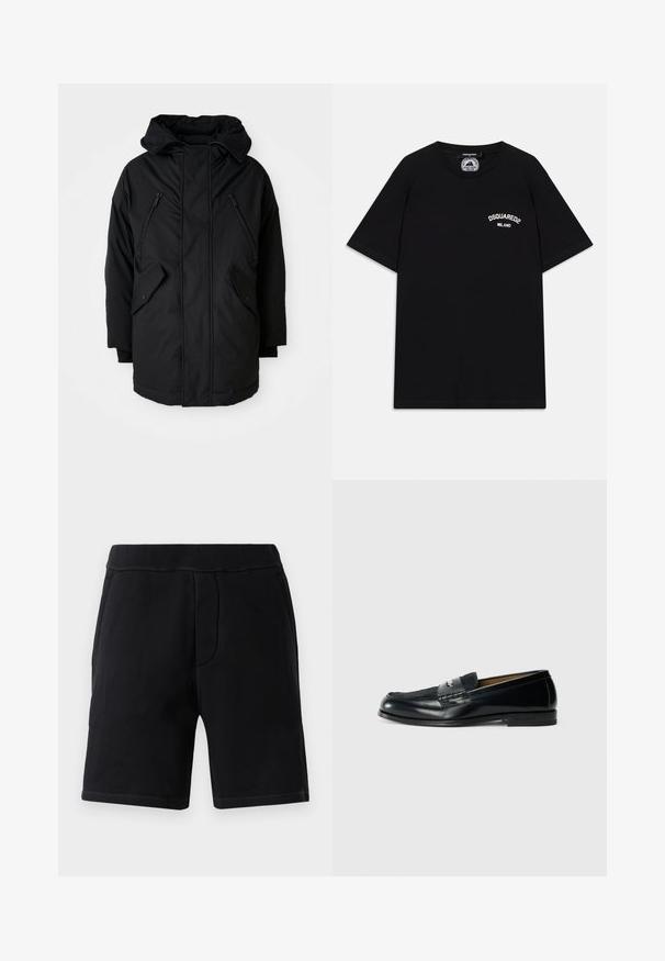 Μαύρη parka με κουκούλα, διαθέτει δύο τσέπες στο στήθος με φερμουάρ, δύο τσέπες πλευρικές με καπάκι και σταθερή εφαρμογή. Μαλακό ύφασμα με λεία υφή.; Μαύρη βαμβακερή μπλούζα με κοντά μανίκια, που διαθέτει λευκό λογότυπο "DSQUARED2 MILANO" στο στήθος. Σχεδίαση με στρογγυλή λαιμόκοψη, απαλή υφή.; Μαύρα αθλητικά σορτς κατασκευασμένα από μαλακό ύφασμα, με ελαστική μέση, δύο πλαϊνές τσέπες και ραφές σε αντίθεση.; Μαύρη δερμάτινη λοφάρα με υφή στην επάνω πλευρά, πλεγμένη λεπτομέρεια και λεία φινίρισμα. Χαμηλός τακούνι και μινιμαλιστικός σχεδιασμός.