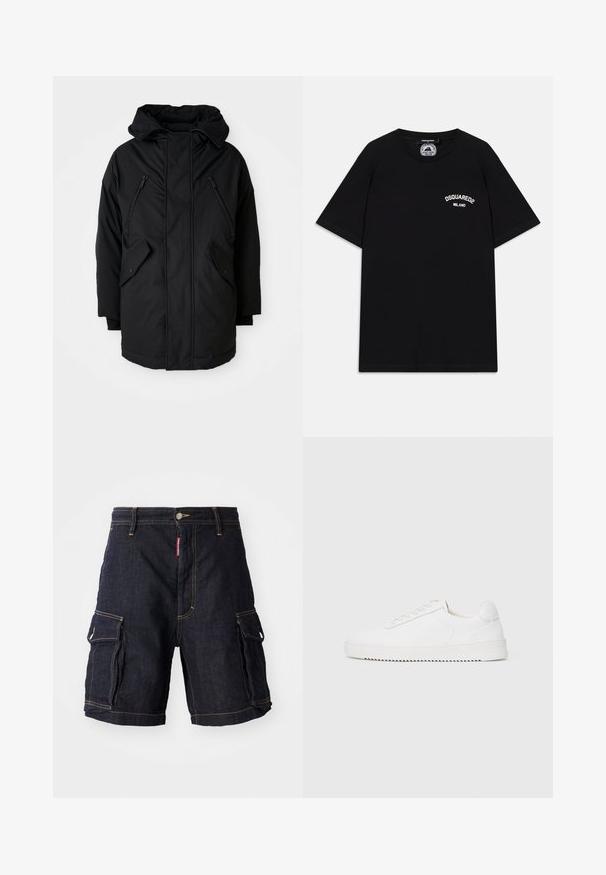 Čierna parka s kapucňou, so ženou dvomi zipsovými náprsními vreckami, dvomi bočnými vreckami s chlopňou a uvoľneným strihom. Mäkko tkanina s hladkou textúrou.; Čierne bavlnené tričko s krátkymi rukávmi, s bielym logom "DSQUARED2 MILANO" na hrudi. Design s okrúhlym výstrihom, hladká textúra.; Tmavo modré denimové cargo šortky s viacerými bočnými vreckami, žltým prešívaním a gombíkovým pásom. Materiál je pevný a odolný.; Biele tenisky s hladkým koženým zvrškom, zaoblenou špičkou, šnúrkami, textúrovanými bočnými akcentmi a hrubou gumovou podrážkou. Minimalistický dizajn.