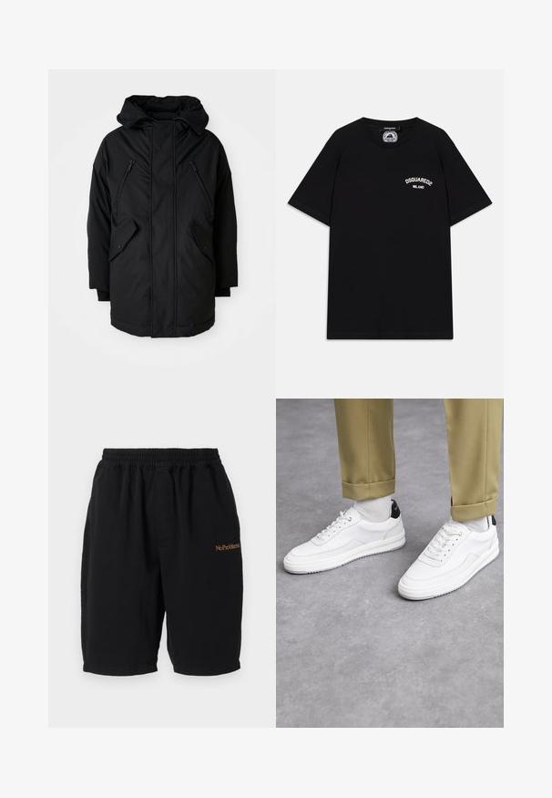 Parka negra con capucha, que cuenta con dos bolsillos en el pecho con cremalleras, dos bolsillos laterales con solapa y un corte relajado. Tejido suave con una textura lisa.; Camiseta de algodón negra con mangas cortas, que presenta el logo blanco "DSQUARED2 MILANO" en el pecho. Diseño de cuello redondo, textura suave.; Pantalones cortos de algodón negros con cintura elástica, corte recto y bolsillos laterales. Presenta la inscripción "No Problemo" bordada en naranja en la parte frontal.; Zapatillas blancas con un acabado de cuero texturizado, punta redondeada y acento negro en el talón. Suela de goma con un pequeño patrón de relieve y detalle de costura.