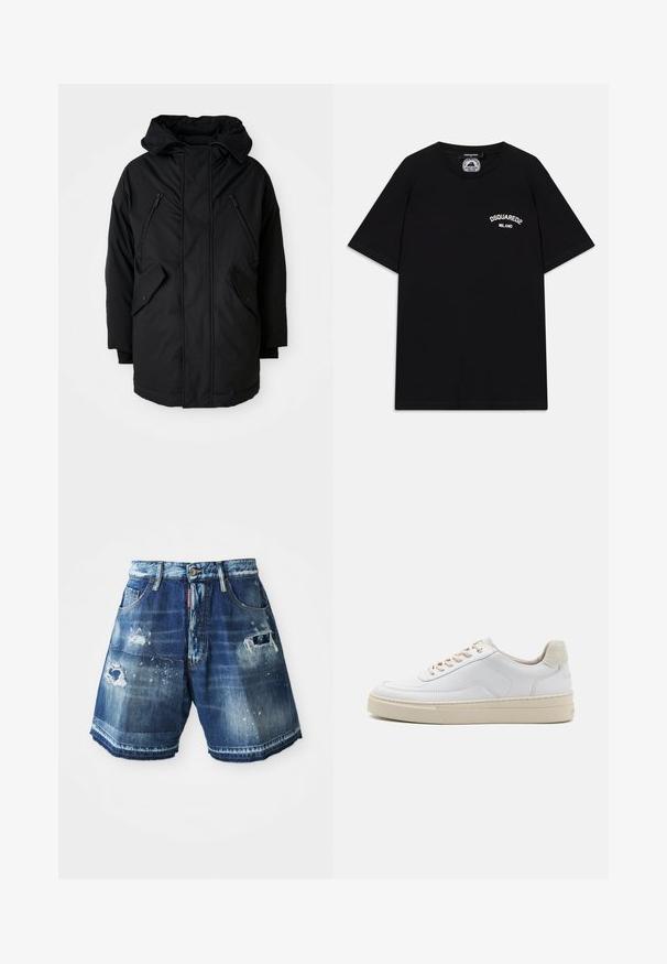 Schwarze Parka mit Kapuze, ausgestattet mit zwei Reißverschlusstaschen an der Brust, zwei Klapptaschen an den Seiten und einer lockeren Passform. Weicher Stoff mit glatter Textur.; Schwarz Baumwoll-T-Shirt mit kurzen Ärmeln, mit weißem "DSQUARED2 MILANO" Logo auf der Brust. Rundhalsausschnitt, glatte Textur.; Dunkelblaue Denim-Shorts mit verwaschenen Details. Mit ausgefransten Säumen, Taschen und einem Knopfverschluss. Waschvariationen über den Stoff.; Weiße Sneaker mit einem glatten Lederobermaterial, beigen Schnürsenkeln und einer strukturierten, beigen Wildleder-Fersenschlaufe. Erhöhte Sohle für zusätzlichen Komfort.