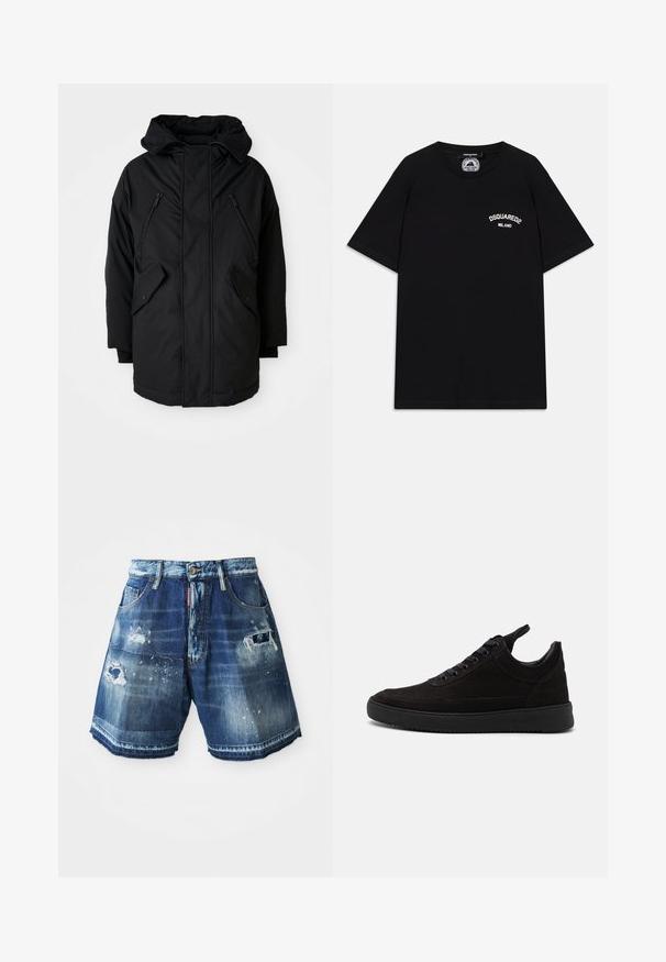 Parka nera con cappuccio, dotata di due tasche sul petto con zip, due tasche laterali con patta e una vestibilità comoda. Tessuto morbido con una superficie liscia.; T-shirt nera in cotone a maniche corte, con logo bianco "DSQUARED2 MILANO" sul petto. Design a girocollo, texture liscia.; Shorts in denim blu scuro con dettagli consumati. Presentano orli sfrangiati, tasche e chiusura con bottone. Variazioni di lavaggio sulla stoffa.; Sneaker in suede nero con punta arrotondata, chiusura con lacci, collo imbottito e suola in gomma testurizzata per una migliore aderenza. Design minimalista e finitura liscia.