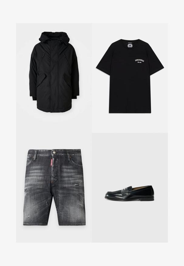 Black parka with a hood, featuring two zippered chest pockets, two flap side pockets, and a relaxed fit. Soft fabric with a smooth texture.; Black cotton T-shirt with short sleeves, featuring white "DSQUARED2 MILANO" logo on the chest. Crew neck design, smooth texture.; Black denim shorts with distressed details, featuring a button closure, five pockets, and a visible brand label on the front.; Black leather loafer with textured upper, braided accent, and smooth finish. Low profile heel and minimalistic design.