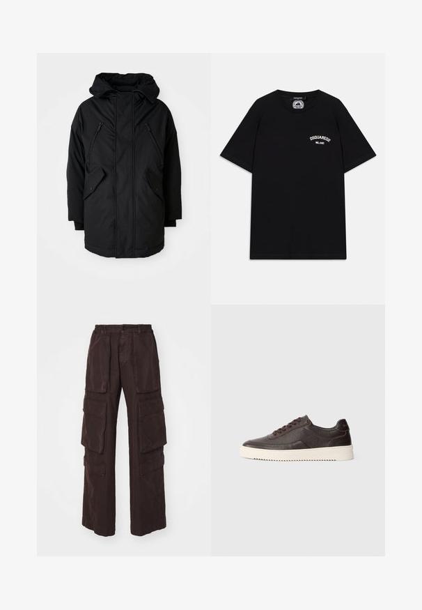 Černá parka s kapucí, která má dvě zipové kapsy na hrudi, dvě klopy na bočních kapsách a uvolněný střih. Měkká tkanina s hladkým povrchem.; Černé bavlněné tričko s krátkými rukávy, se svým bílým logem "DSQUARED2 MILANO" na hrudi. Design s kulatým výstřihem, hladká textura.; Hnědé cargo kalhoty s širokým střihem, několika velkými kapsami, elastickým pasem a měkkou, strukturovanou tkaninou.; Tmavě hnědé kožené tenisky s texturovaným povrchem, kulatou špičkou a kontrastní krémovou gumovou podrážkou. Obsahují tkaničky a jemné prošívání.