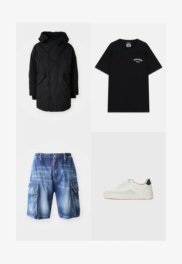 Črna parka s kapuco, ki ima dve žepni zadrži na prsih, dva stranska žepa z poklopcem in sproščen kroj. Mehka tkanina z gladko teksturo.; Črna bombažna majica s kratkimi rokavi, s belim logotipom "DSQUARED2 MILANO" na prsih. Oblika s krožnim ovratnikom, gladka tekstura.; Denim tokratne hlače z ohlapnim krojem, svetlo modro pranje, dvema velikima stranskima žepoma in subtilnim raztrganim detajlem, z elastičnim pasom.; Bela trenerka z zaključki iz semiša, okroglo konico, ravne vezalke in kremna gumijasta podplata. Ima zeleno blagovno znamko na peti.