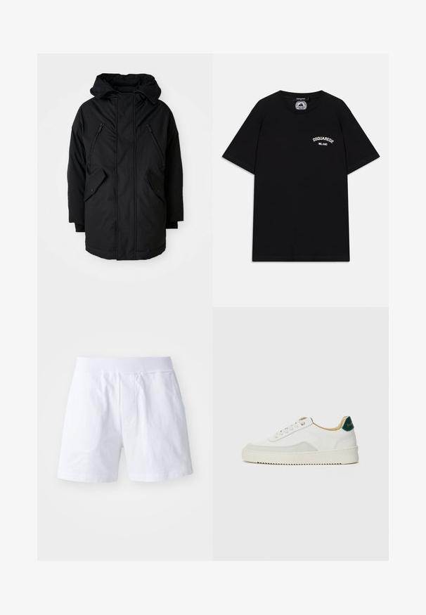 Sort parka med hætte, der har to lynlåslommer på brystet, to klaplommer på siderne og en afslappet pasform. Blødt stof med en glat tekstur.; Sort bomulds T-shirt med korte ærmer, der har en hvid "DSQUARED2 MILANO" logo på brystet. Crew neck-design, glat tekstur.; Hvide bomuldsshorts med elastisk talje, to sidelommer og en afslappet pasform. Glat tekstur uden synlige mønstre eller detaljer.; Hvide sneakers med ruskindsdetaljer, rund tå, flade snørebånd og en cremet gummisål. Har grøn branding på hælen.