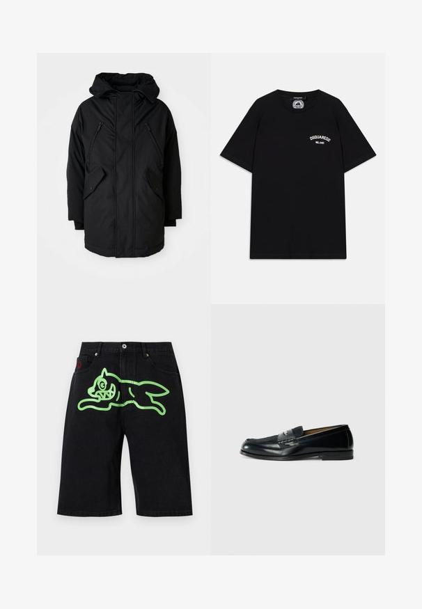 Černá parka s kapucí, která má dvě zipové kapsy na hrudi, dvě klopy na bočních kapsách a uvolněný střih. Měkká tkanina s hladkým povrchem.; Černé bavlněné tričko s krátkými rukávy, se svým bílým logem "DSQUARED2 MILANO" na hrudi. Design s kulatým výstřihem, hladká textura.; Icecream RUNNING DOG - Džínové kraťasy - black denim; Černé kožené mokasíny s texturovaným svrškem, opleteným detailem a hladkým povrchem. Nízký podpatek a minimalistický design.