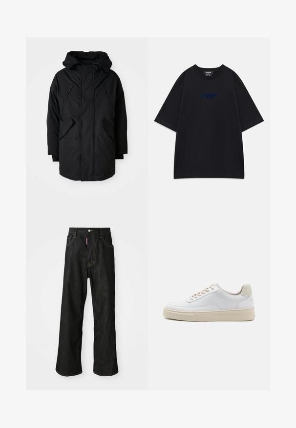 Parka preta com capuz, apresentando dois bolsos frontais com zíper, dois bolsos laterais com aba e um corte descontraído. Tecido macio com uma textura suave.; T-shirt preta oversized de mangas curtas com decote redondo e pequeno texto azul "DSQUARED2 MILANO" no peito.; Jeans pretos de perna reta com costura amarela, design de cinco bolsos, fecho de botão e uma pequena etiqueta vermelha no bolso dianteiro direito.; Sapatilha branca com um cabedal em couro liso, atacadores bege e um painel traseiro em camurça texturizada bege. Sola elevada para acrescentar altura.