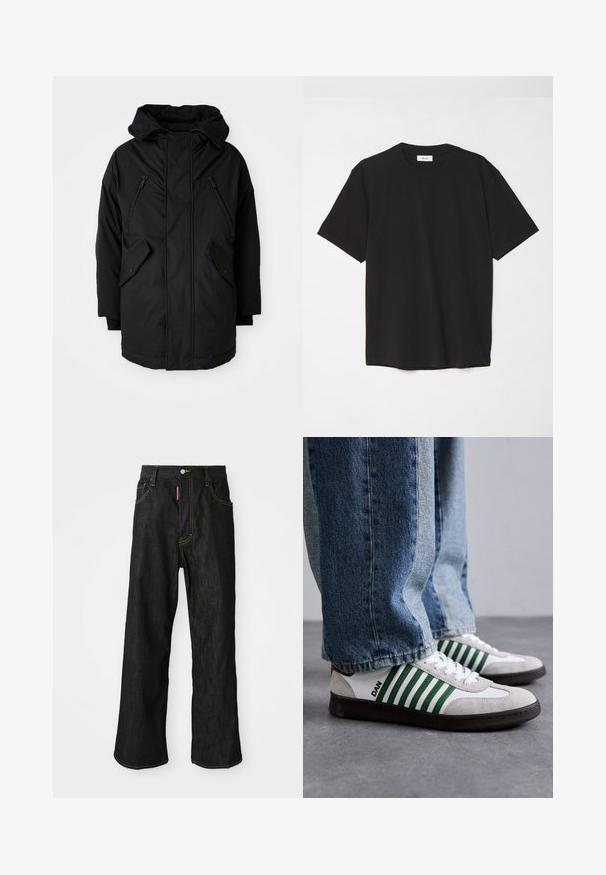 Melnā parka ar kapuci, kas aprīkota ar divām rāvējslēdzēju krūšu kabatām, divām atloka sānu kabatām un brīvu piegriezumu. Mīksts audums ar gludu tekstūru.; Melna kokvilnas T-krekls ar apaļu kakla izgriezumu, īsām piedurknēm un brīvu piegulšanu. Vienkāršs dizains, gluda tekstūra un bez redzamām rakstiem vai logotipiem.; Melnas taisnas kājas džinsas ar dzeltenu šuvumu, piecu kabatu dizains, pogu aizdare un mazs sarkans birka priekšējā labajā kabatā.; Balds un zaļš apavi, izgatavoti no zamšādām un ādas, ar zaļām svītrām, baltām auklām un gumijas zoli. Stilizēti ar zilām džinsiem.