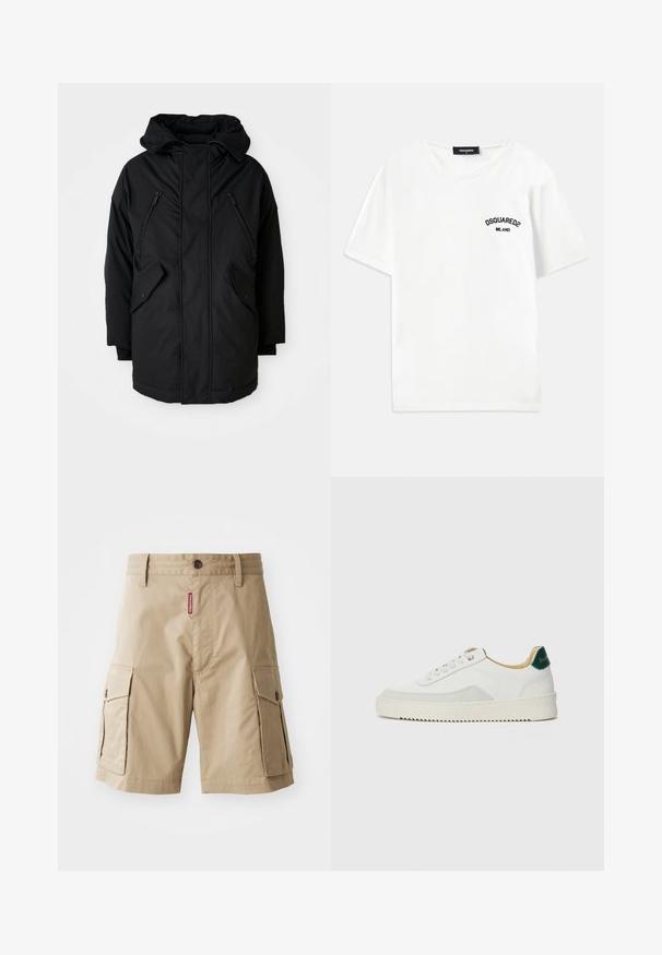 Black parka with a hood, featuring two zippered chest pockets, two flap side pockets, and a relaxed fit. Soft fabric with a smooth texture.; White cotton T-shirt with a crew neckline, short sleeves, and a black embroidered logo reading "DSQUARED2 MILANO" on the left chest.; Beige cargo shorts made of cotton blend, featuring two side pockets, a button closure, and a red label sewn on the front.; White sneaker with suede accents, rounded toe, flat laces, and a cream rubber sole. Features green branding on the heel.