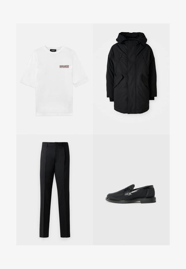 Musta takki hupulla, jossa on kaksi vetoketjullista rintataskua, kaksi läpällistä sivutaskua ja rento leikkaus. Pehmeä kangas, jossa on sileä pinta.; Valkoinen puuvillainen t-paita lyhyillä hihoilla ja pyöreällä kaula-aukolla, jossa on vasemmassa rinnassa ruskea, 30-vuotisjuhlaa merkitsevä painatus.; Mustat viralliset housut, jotka on valmistettu sileästä kankaasta, suoranlahkeiset, etupleiteillä varustetut ja tavanomainen vyötärö ilman koristeita.; Musta kudottu liukupohjallinen kenka, jossa on sileä nahkakorostus päällisessä, pyöreä kärki ja matala kumipohja.