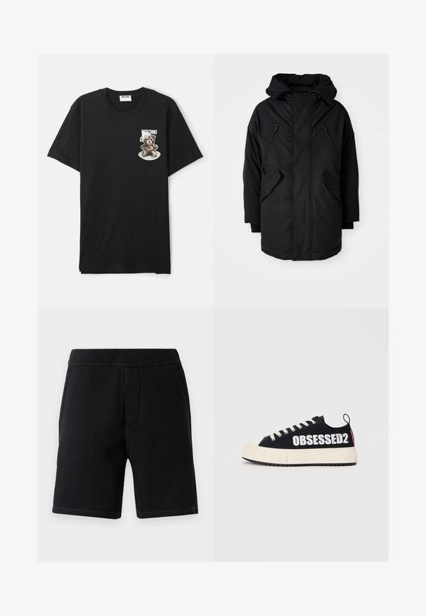 Črna parka s kapuco, ki ima dve žepni zadrži na prsih, dva stranska žepa z poklopcem in sproščen kroj. Mehka tkanina z gladko teksturo.; Črna majica iz bombaža s krožnim ovratnikom. V predelu levega prsnega dela ima grafiko medveda, ki nosi vesoljski čelado.; Črne športne kratke hlače iz mehkega materiala; imajo elastičen pas, dve stranski žepi in kontrastno šivanje.; Črne platnene superge z belim napisom "OBSESSED2", kremo barve gumijastim podplatom, ravnimi vezalkami in zadnjim trakom za pomoč pri obuvanju. Prikazan je stranski pogled.