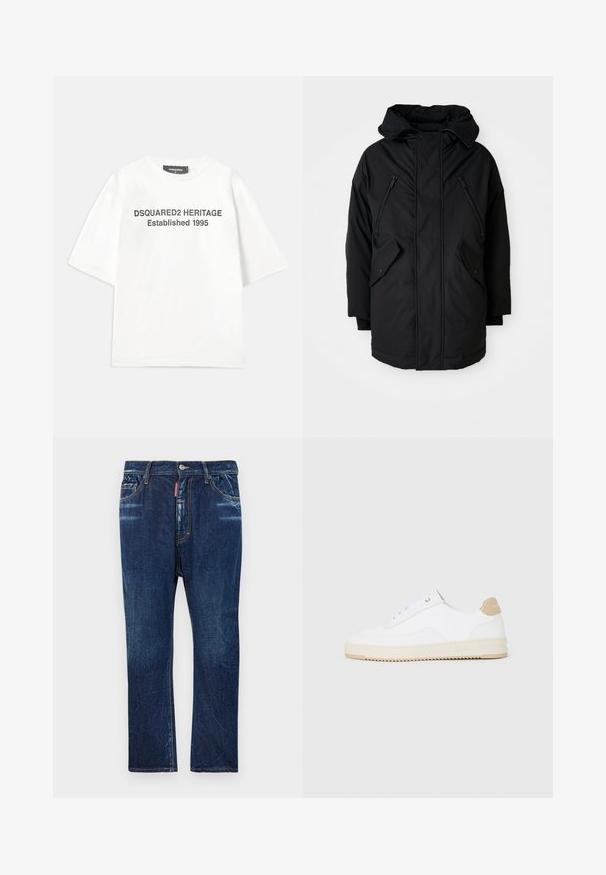 Crna parkica s kapuljačom, s dva zip zatvarača na prsima, dva bočna džepa s preklopom i opuštenim krojem. Mekana tkanina s glatkom teksturom.; Dsquared2 Majica kratkih rukava s printom - white; Tamno plave traperice s ravnim nogavicama, s laganim izbljeđivanjem, žutim šavovima, prednjim džepovima i kopčanjem na dugme.; Bijele niske tenisice s gornjim dijelom od teksturirane kože, kremasto žljebastim potplatom i smeškim akcentom na peti. Imaju bijele vezice i detalj s logotipom na peti.